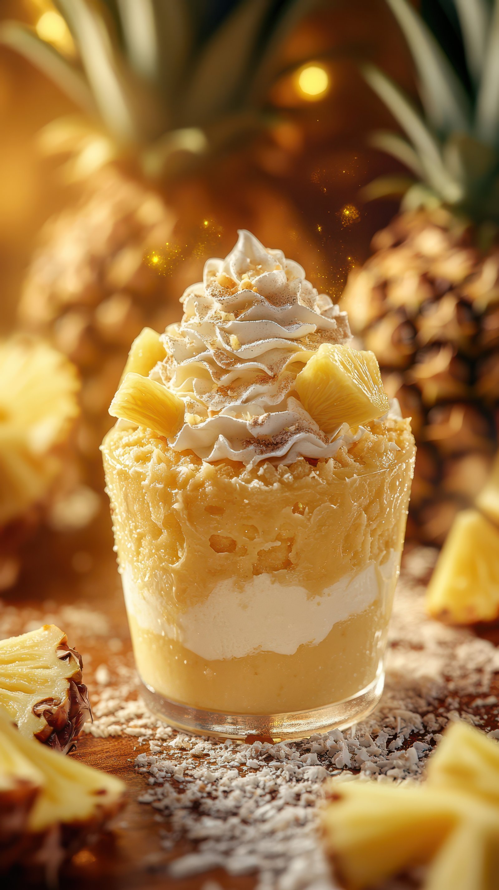 Delicious tropical dessert with pineapple and creamy layers served on a wooden table surrounded by fresh pineapples
